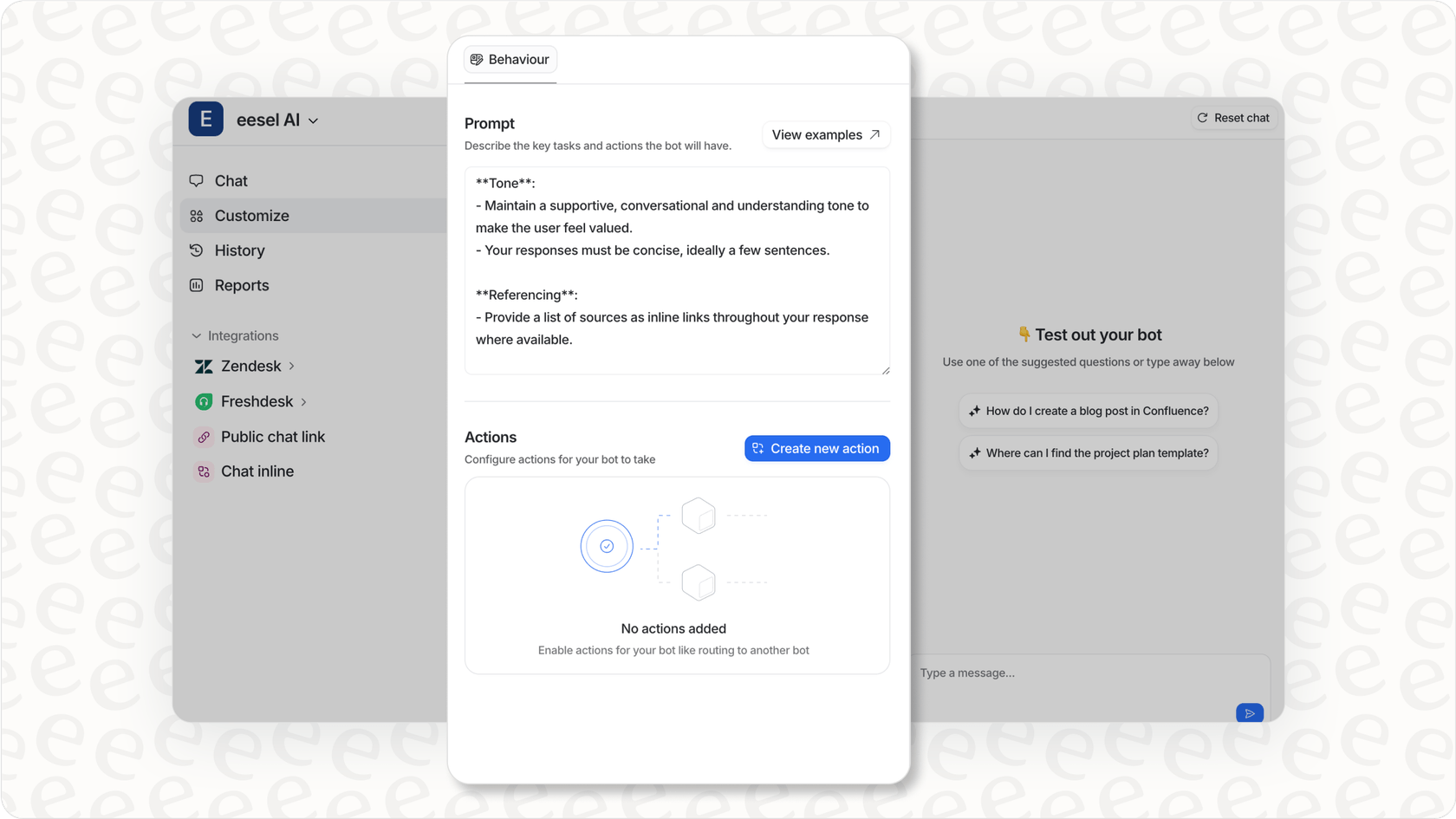 Customizing Shopify AI agent behavior in eesel AI.