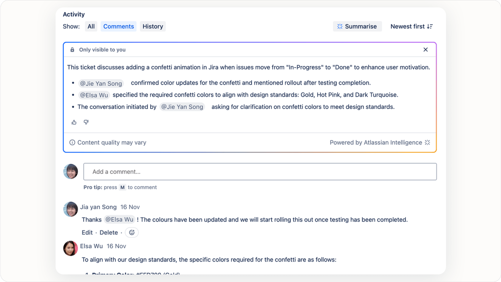 Jira issue activity section with AI-powered comment summary feature.