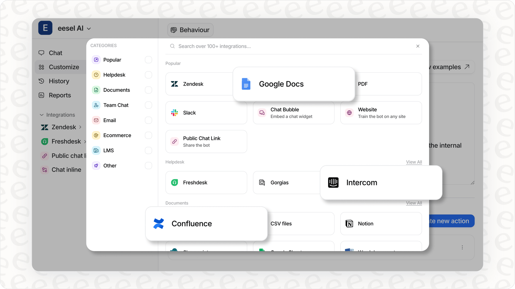 Las vastas opciones de integración de eesel AI.