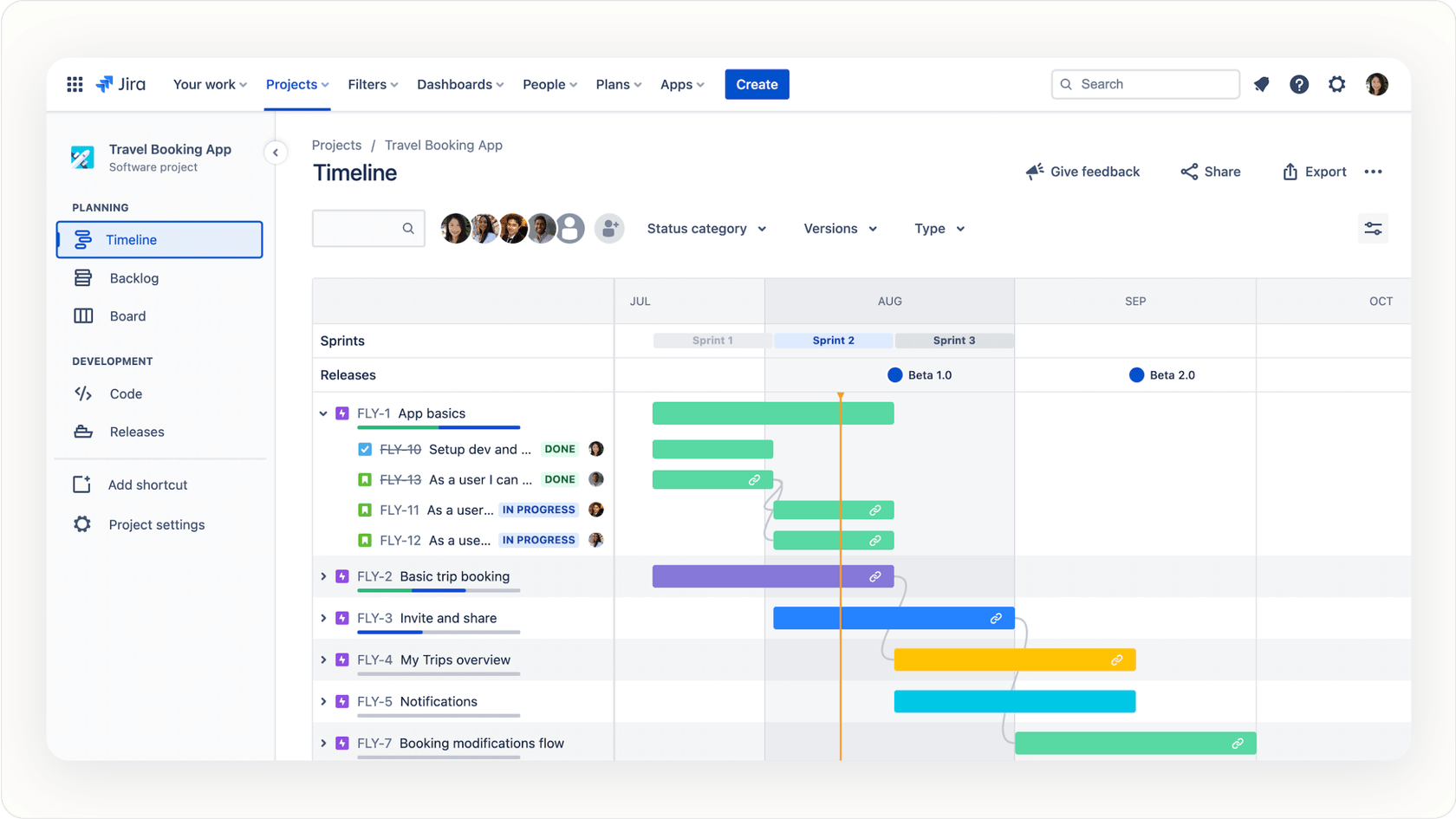 Jira Epic view with AI-suggested sub-tasks and linked issues for work breakdown.