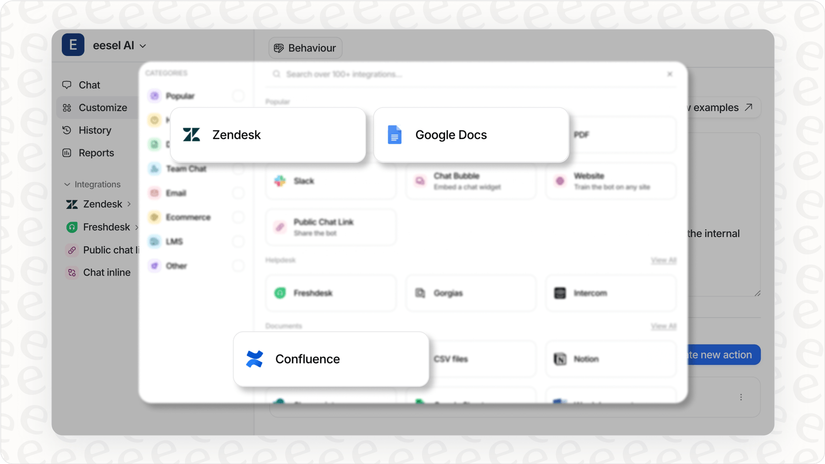 複数の知識ソース統合を示すeesel AIダッシュボード。