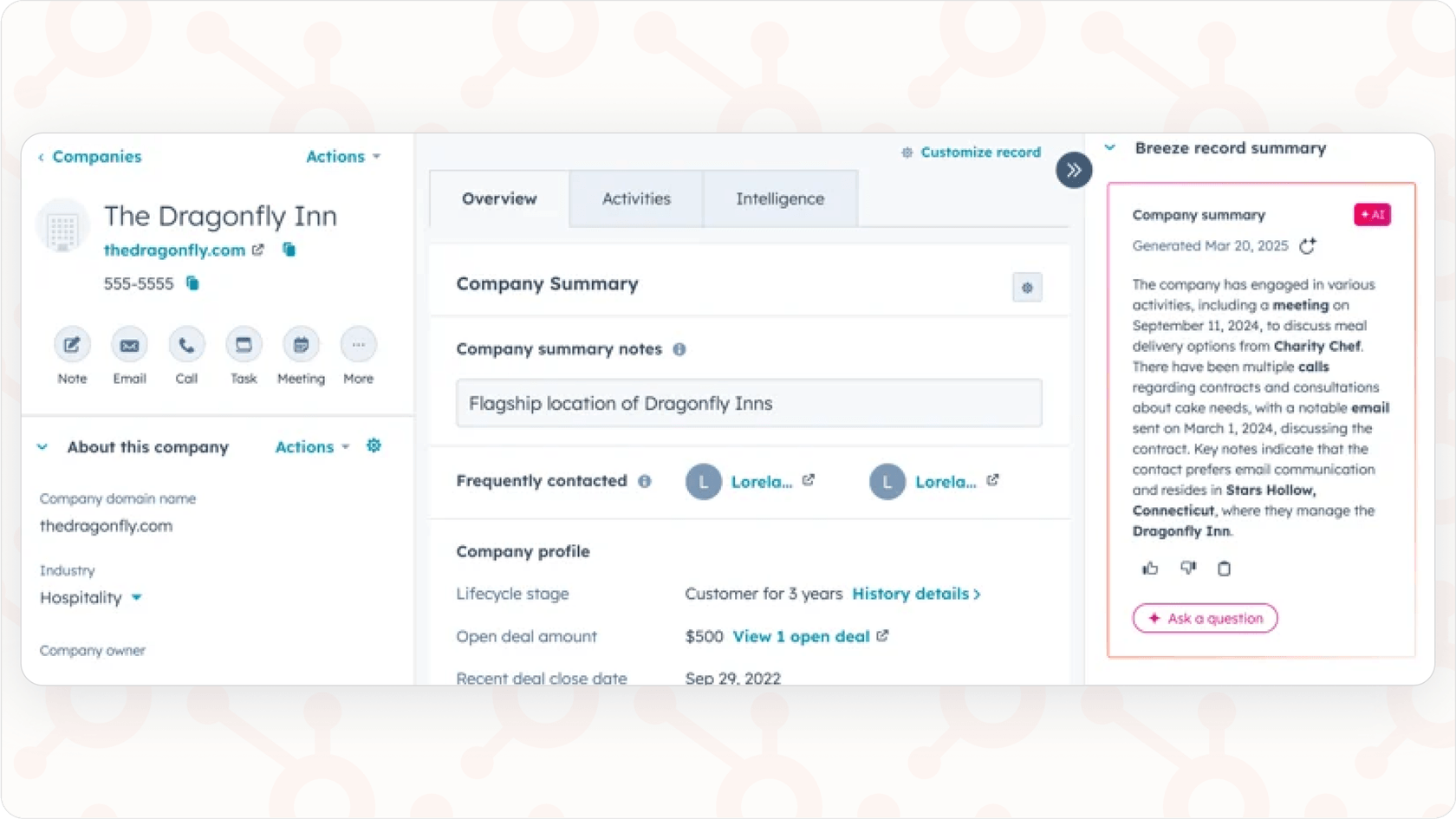 HubSpot AI summarizing company information with embedded AI feature.