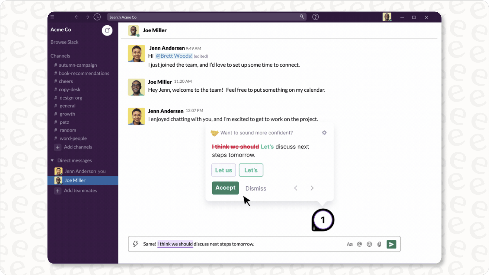 A screenshot showing GrammarlyGo's generative AI suggestions within Slack, a feature often discussed in Grammarly reviews.::