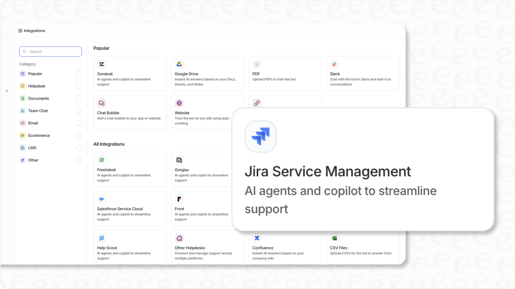 eesel AI platform showing Jira Service Management as an integration option.