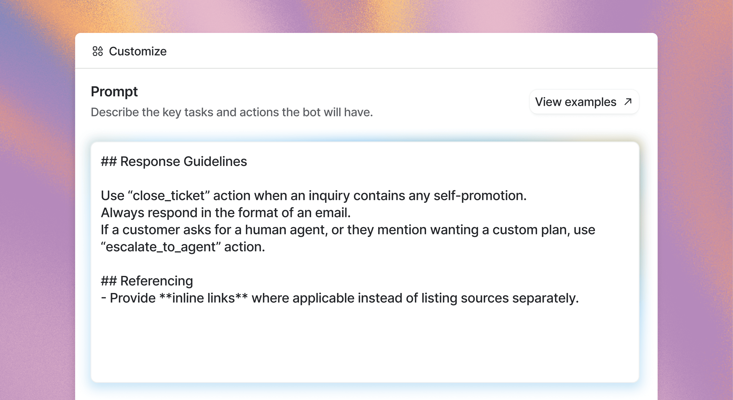 Prompts and actions window for AI support agents and bots