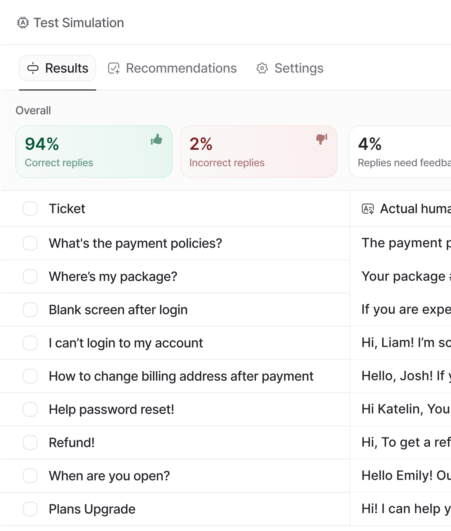 Simulate support responses