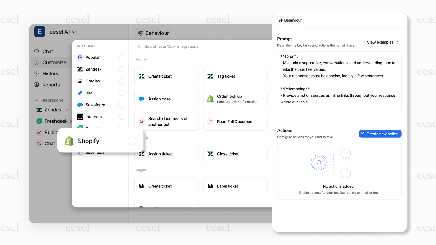 eesel AI Shopify integration and bot customization options.
