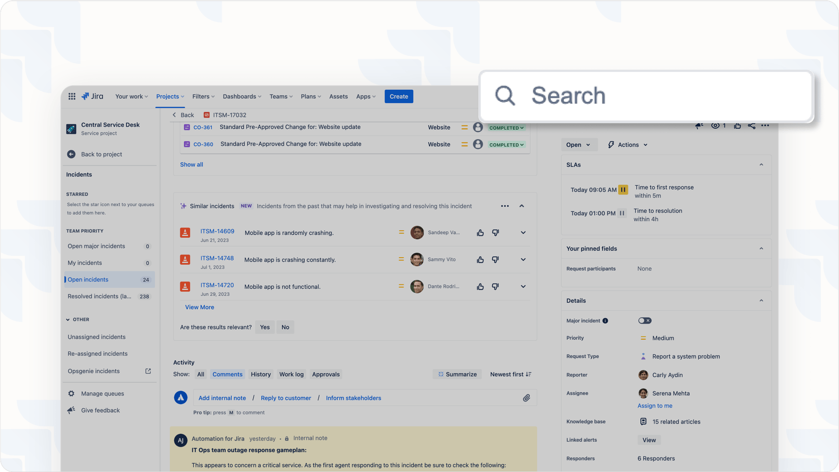 Jira search bar on the top-right of the dashboard.
