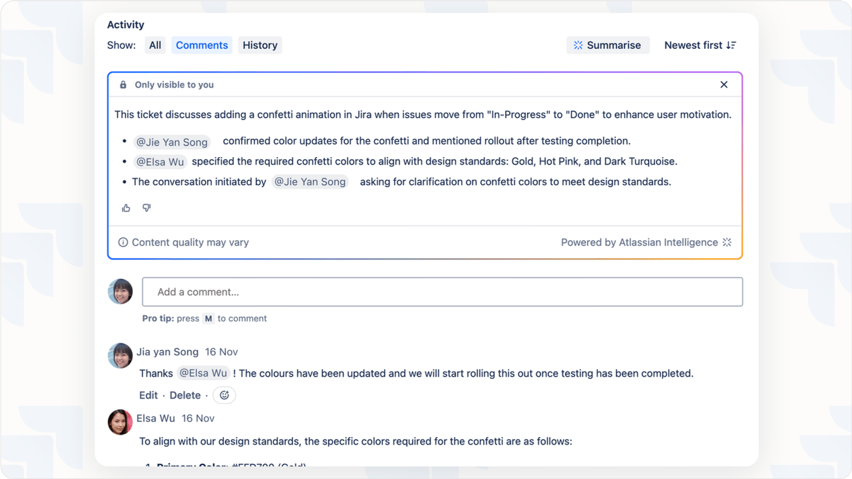 Jira AI resumindo e fornecendo uma visão geral concisa dos tópicos de discussão de um ticket