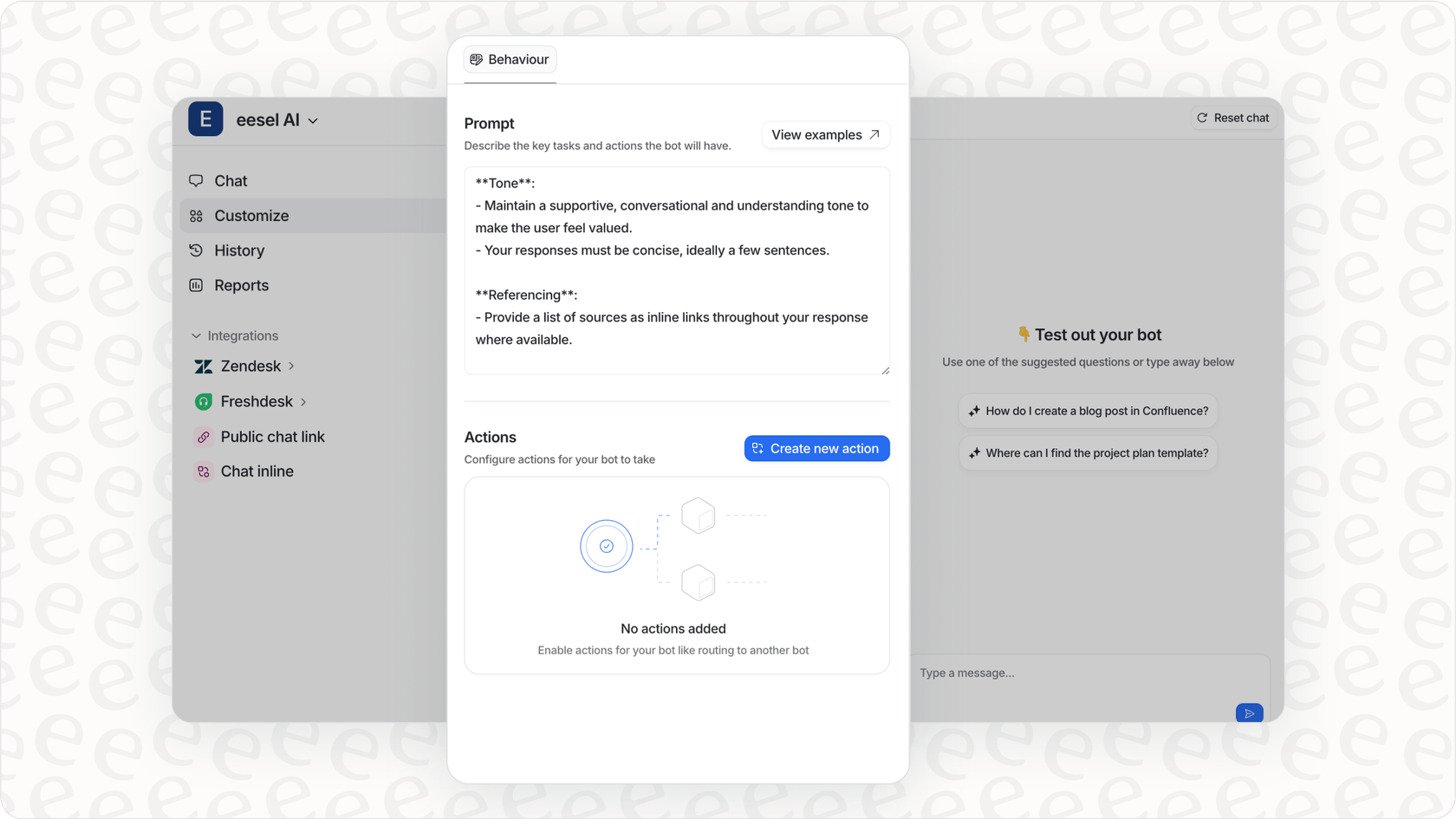 プロンプトとアクションのためのAIアシスタントカスタマイズインターフェース。