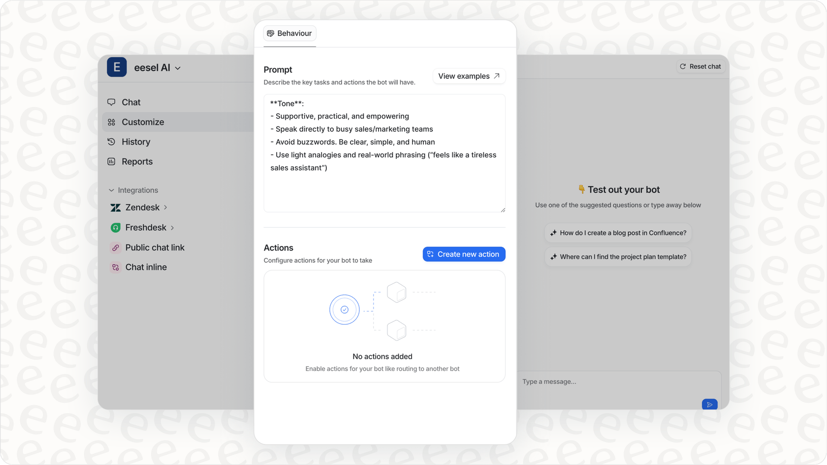 eesel AI configuration interface for customizing behavior and actions to boost lead generation and sales automation.