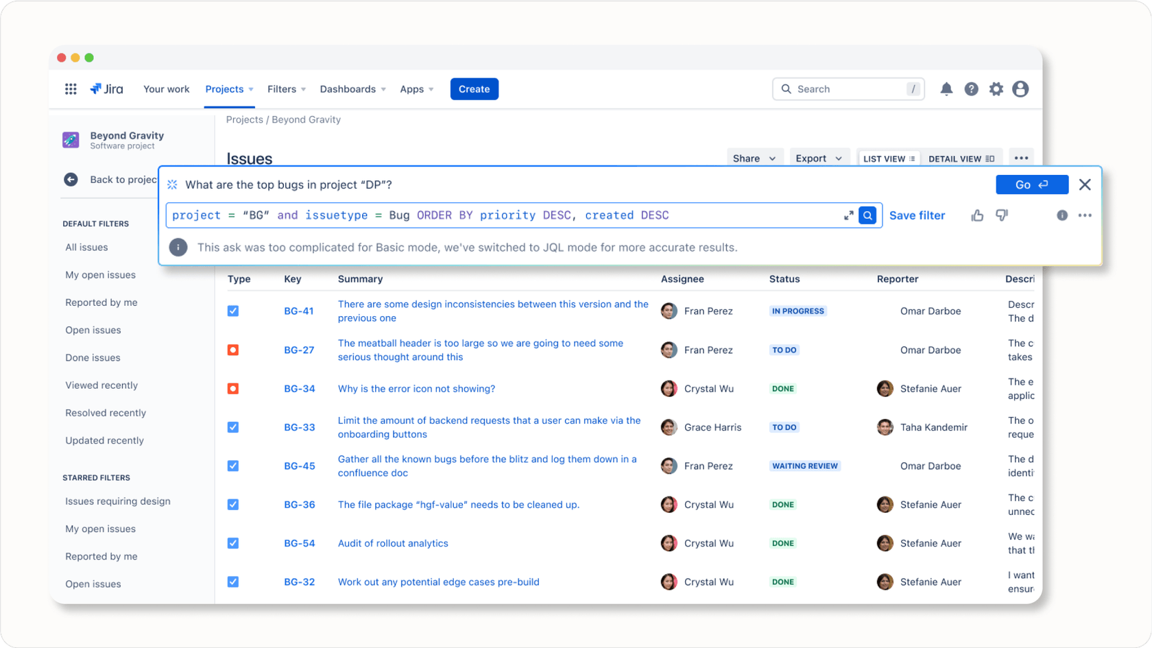 Jira search bar with Atlassian Intelligence for natural language queries
