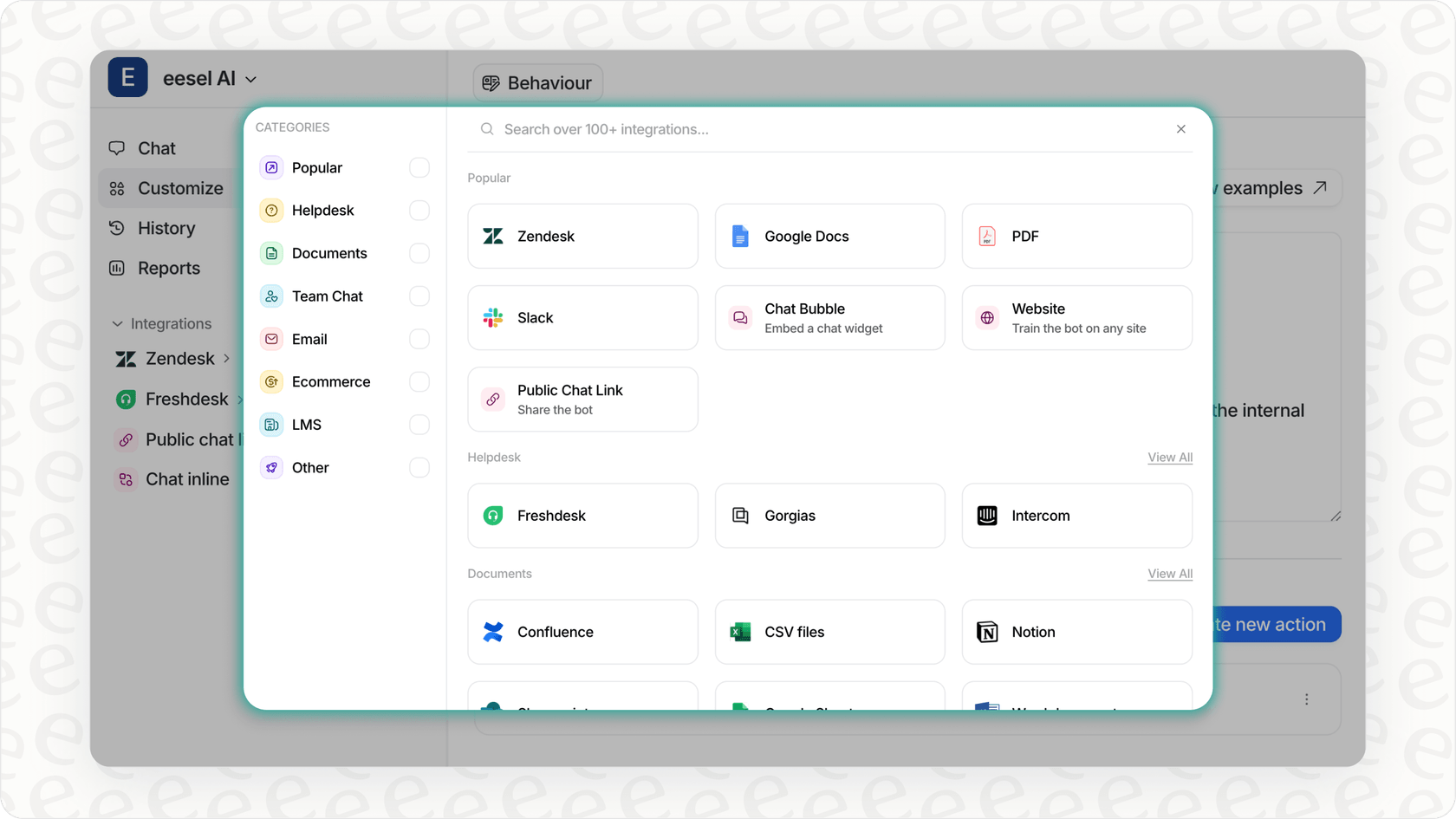 eesel AI integrations page showing connections to helpdesks and knowledge sources.