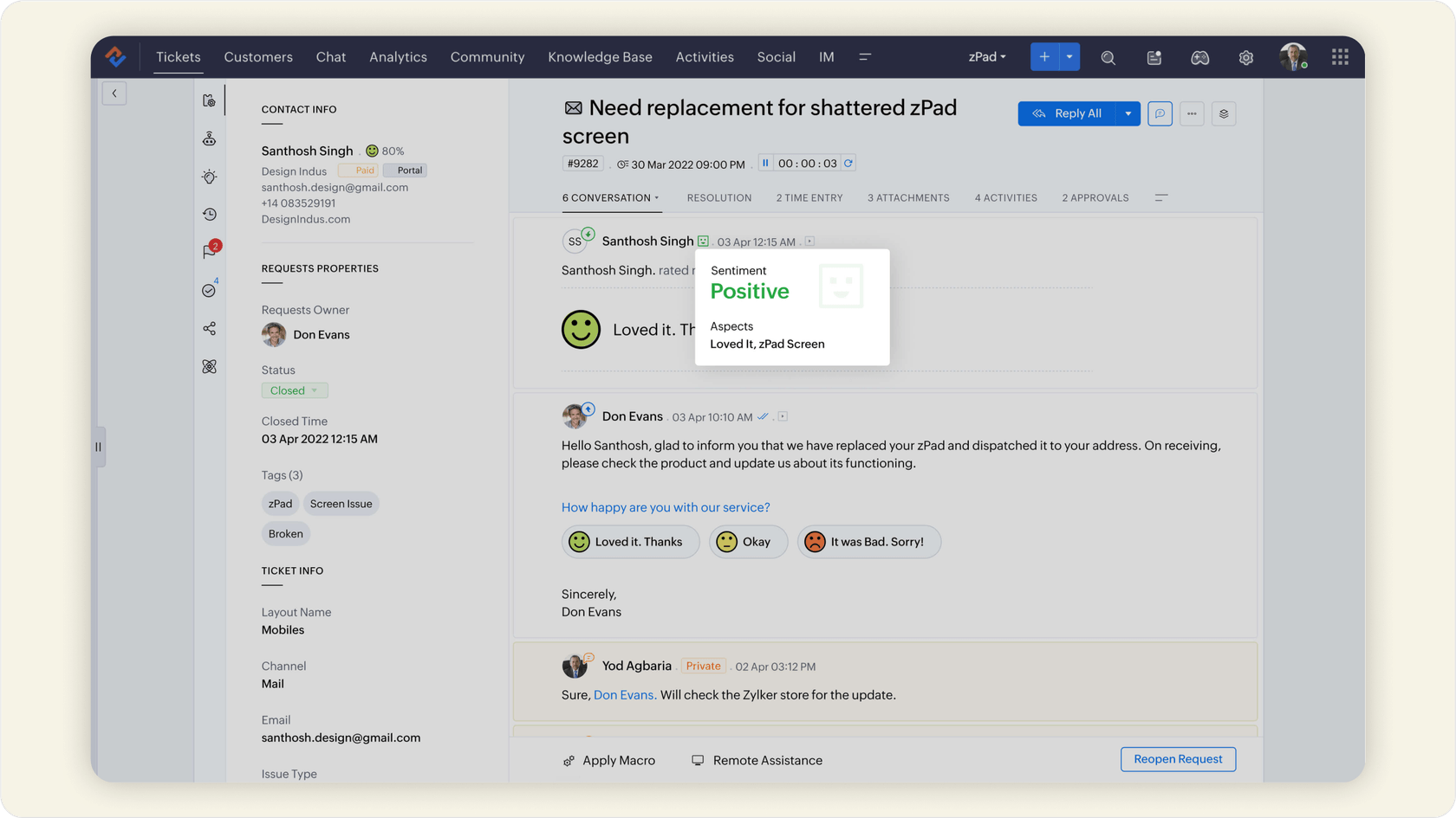 Zia's sentiment analysis on a ticket.