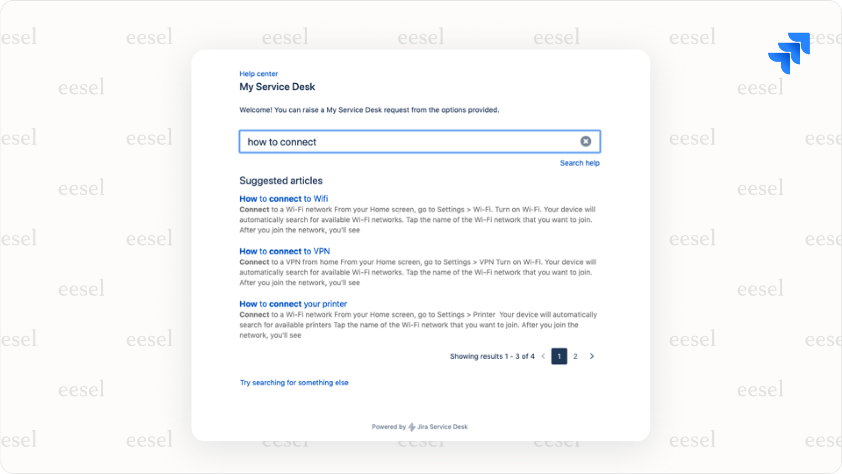 Jira Service Management customer portal suggesting knowledge base articles.