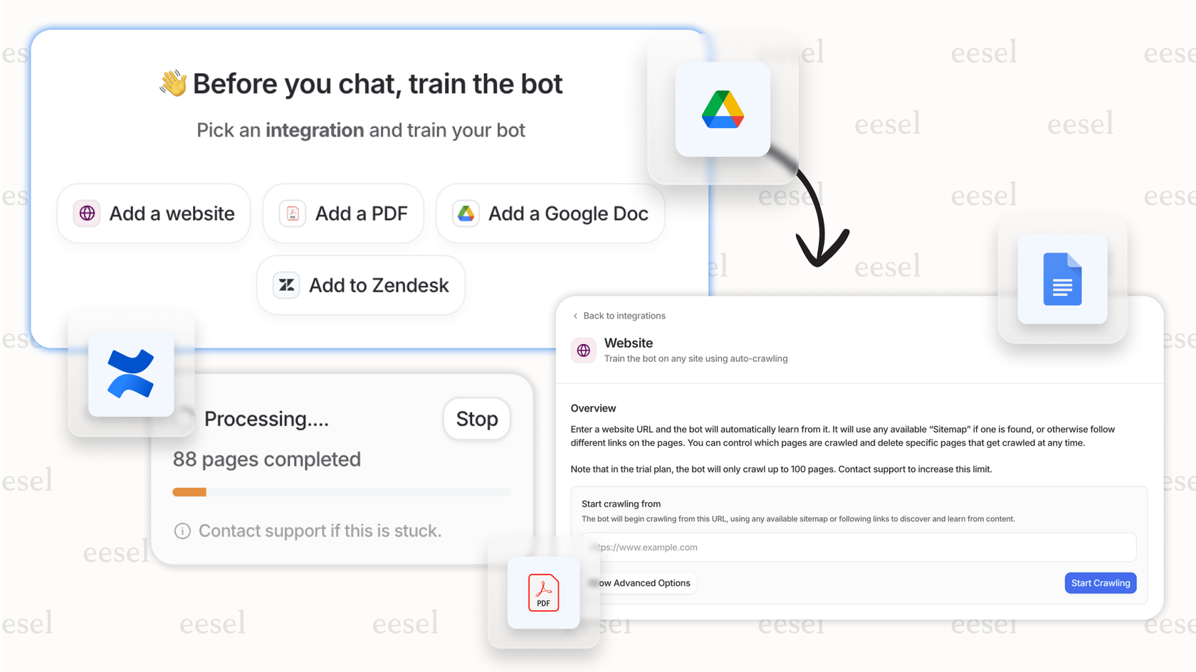 eesel AI training the Google Drive AI assistant on specific company files.