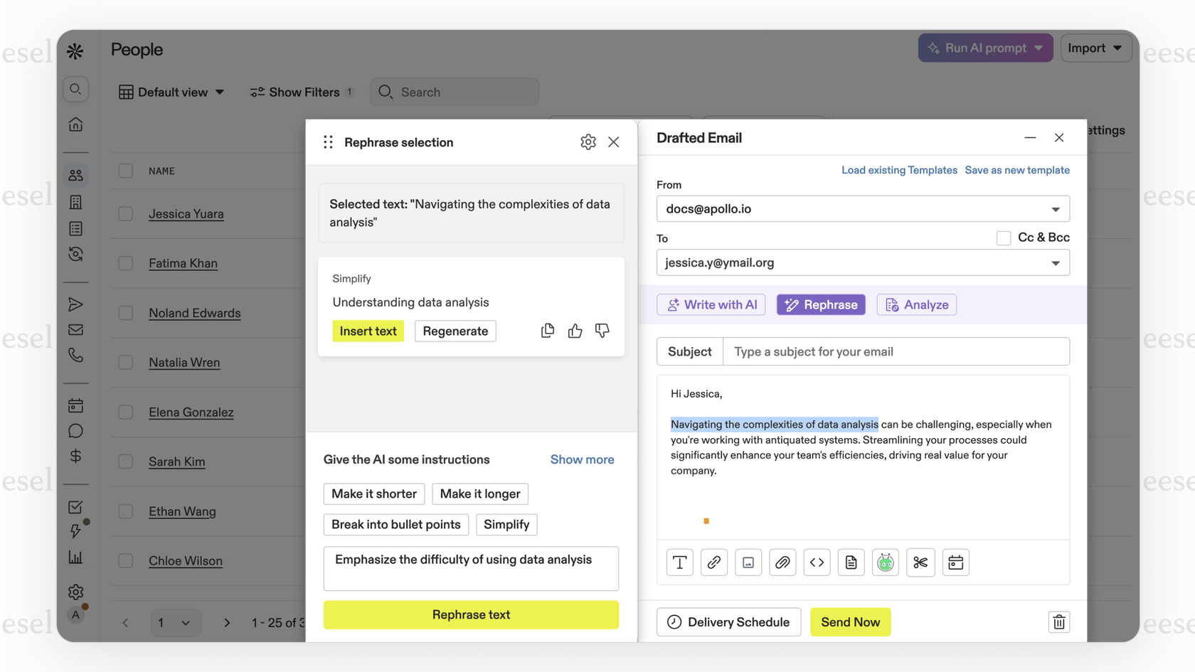 Screenshot showing the Apollo AI platform, highlighting its email writing feature, useful alongside HubSpot AI tools for sales. 