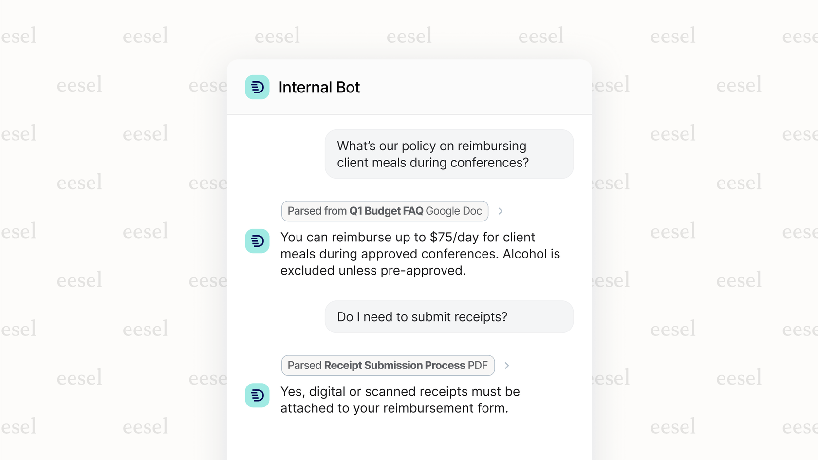 eesel AI chat showing an answer with source links.