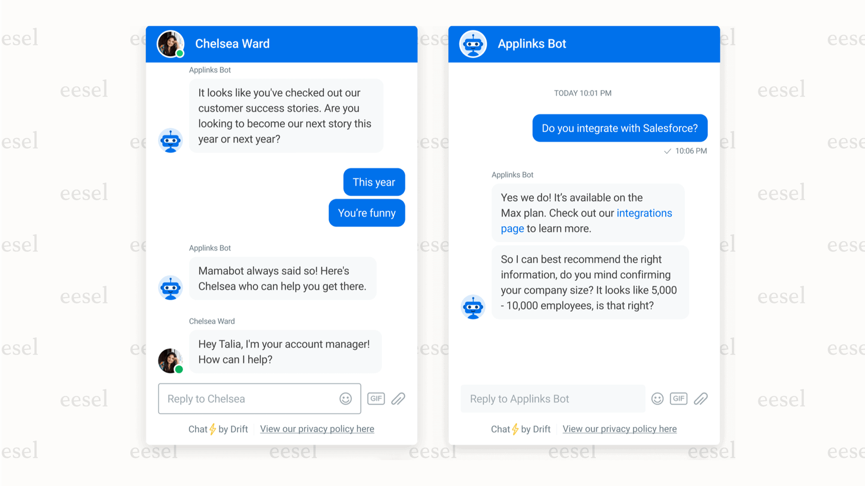 Screenshot of the Drift conversational marketing platform, showing a chatbot interface, complementing HubSpot AI tools for lead engagement.