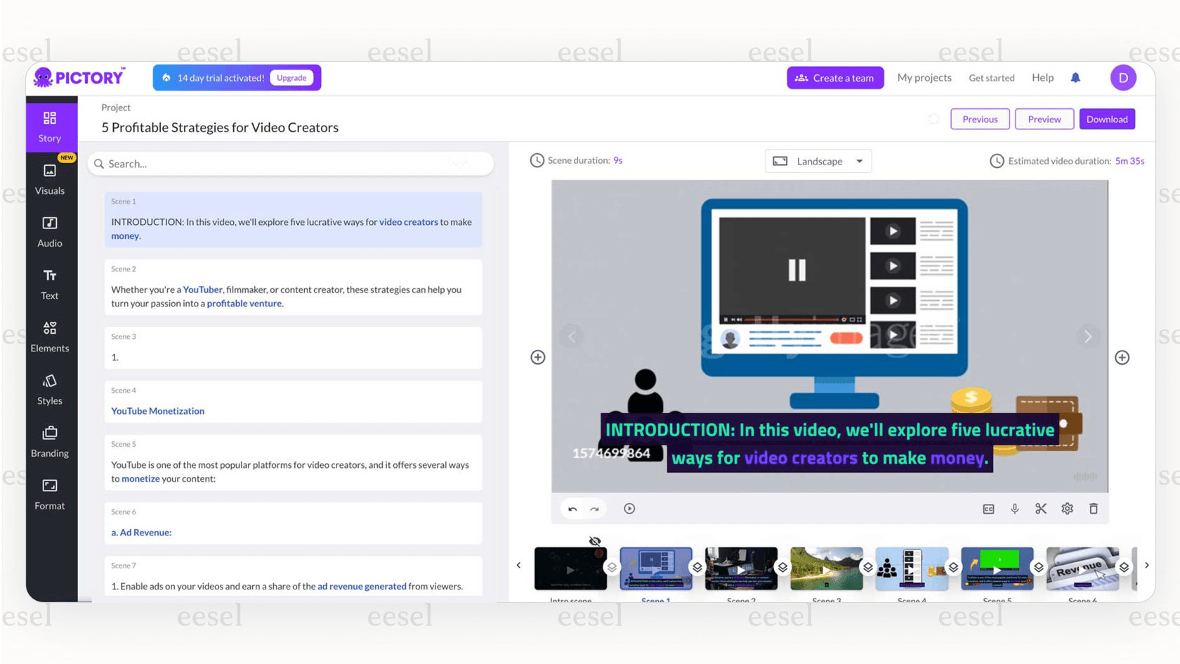The Pictory interface, an excellent choice among HeyGen alternatives for repurposing content into videos.