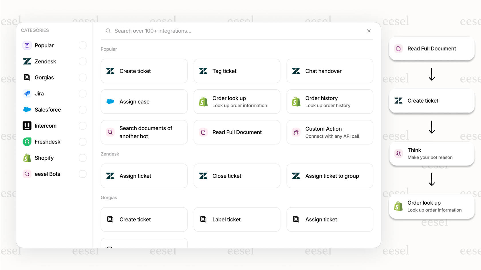 eesel AI workflow builder with actions connected to knowledge sources.