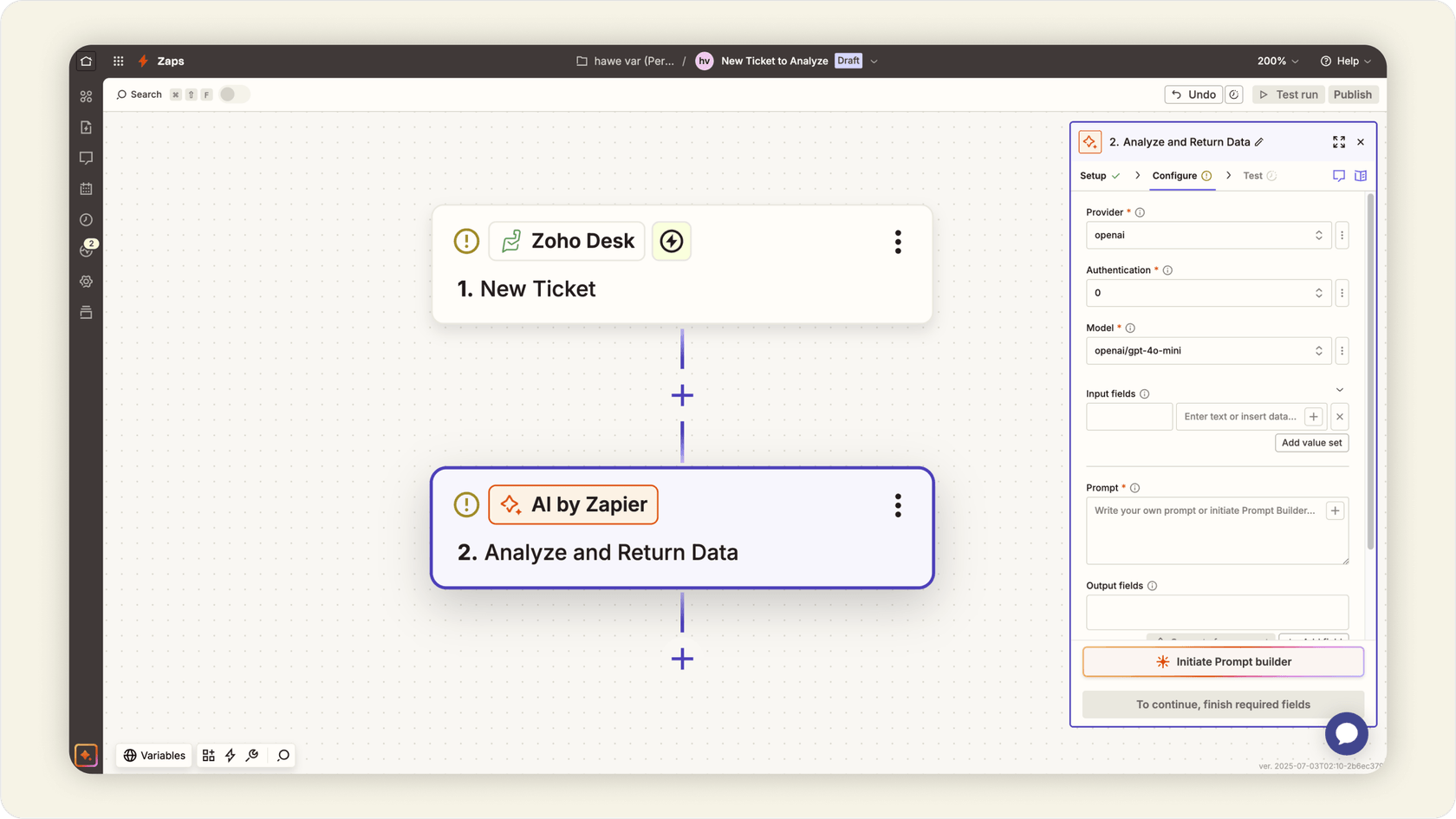 Zapier AI sending an automated ticket to Zoho Desk.