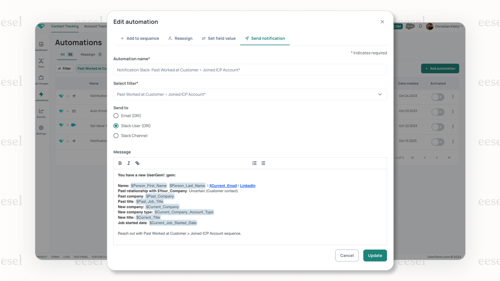 Screenshot of the UserGems platform, showing automated outreach messages, a valuable addition to HubSpot AI tools for prospecting.