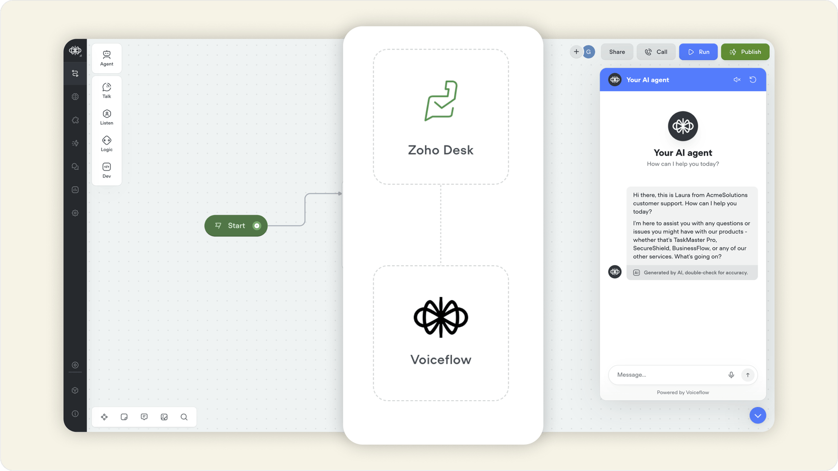 Voiceflow AI integrated with Zoho Desk.