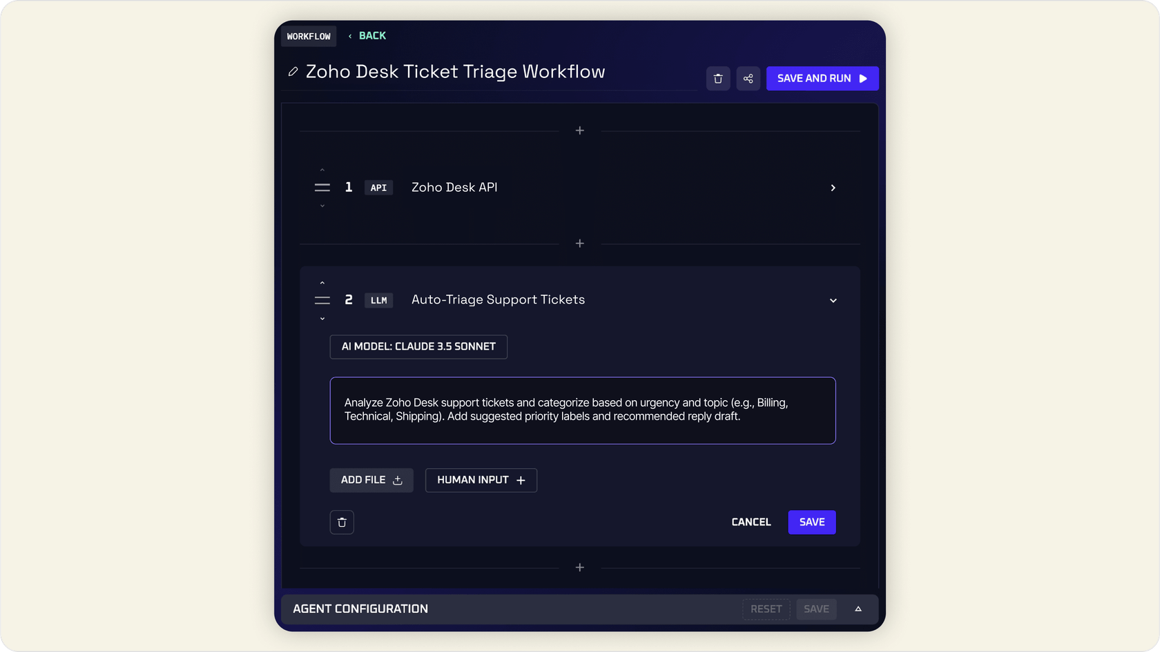 Zoho Desk ticket triage workflow setup in Kindo.
