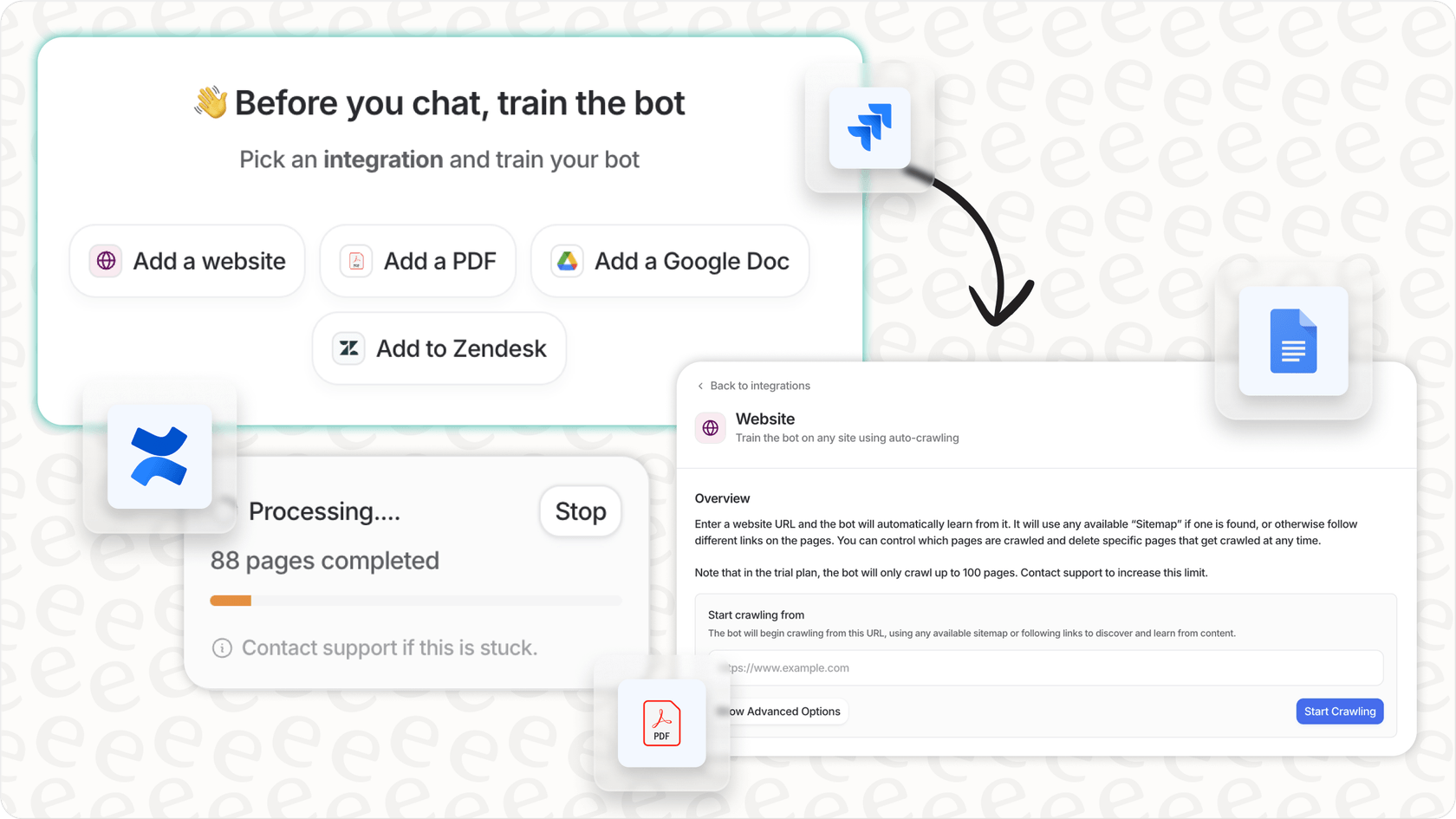 eesel AI training interface with a wide range of various knowledge source it can integrate with.