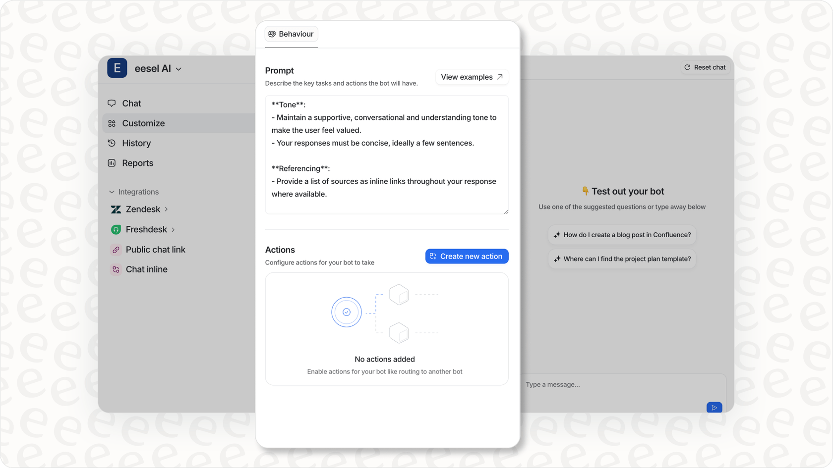 eesel AI customization interface showing options for prompts, tone, and actions.
