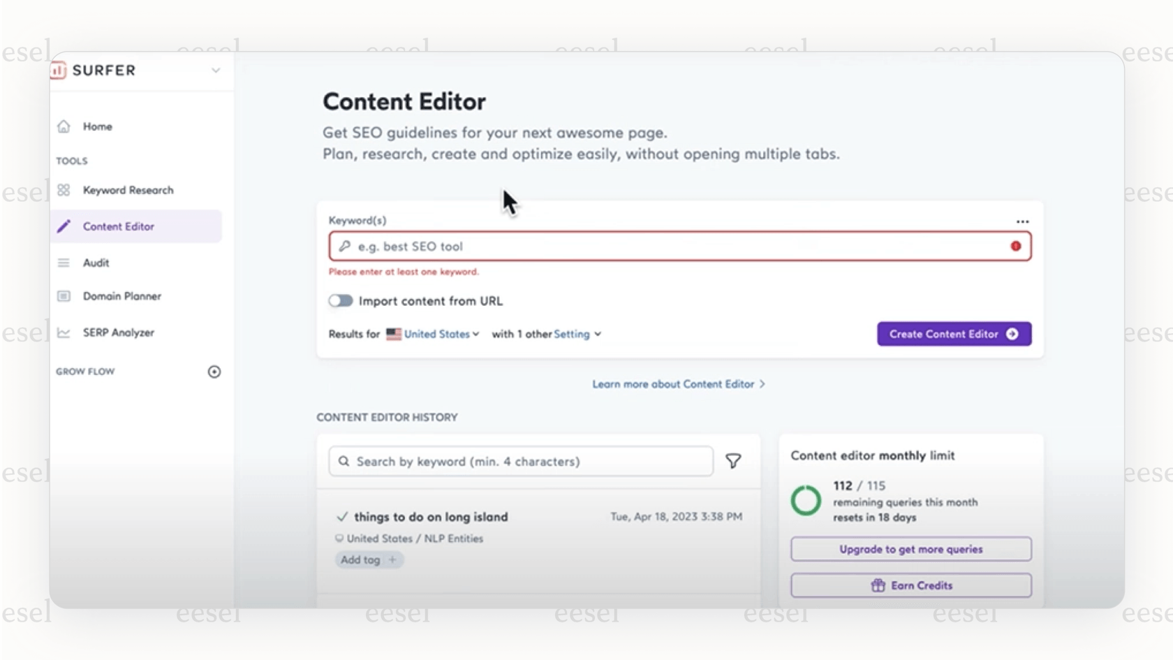 Surfer AI content editor showing SEO optimization suggestions.