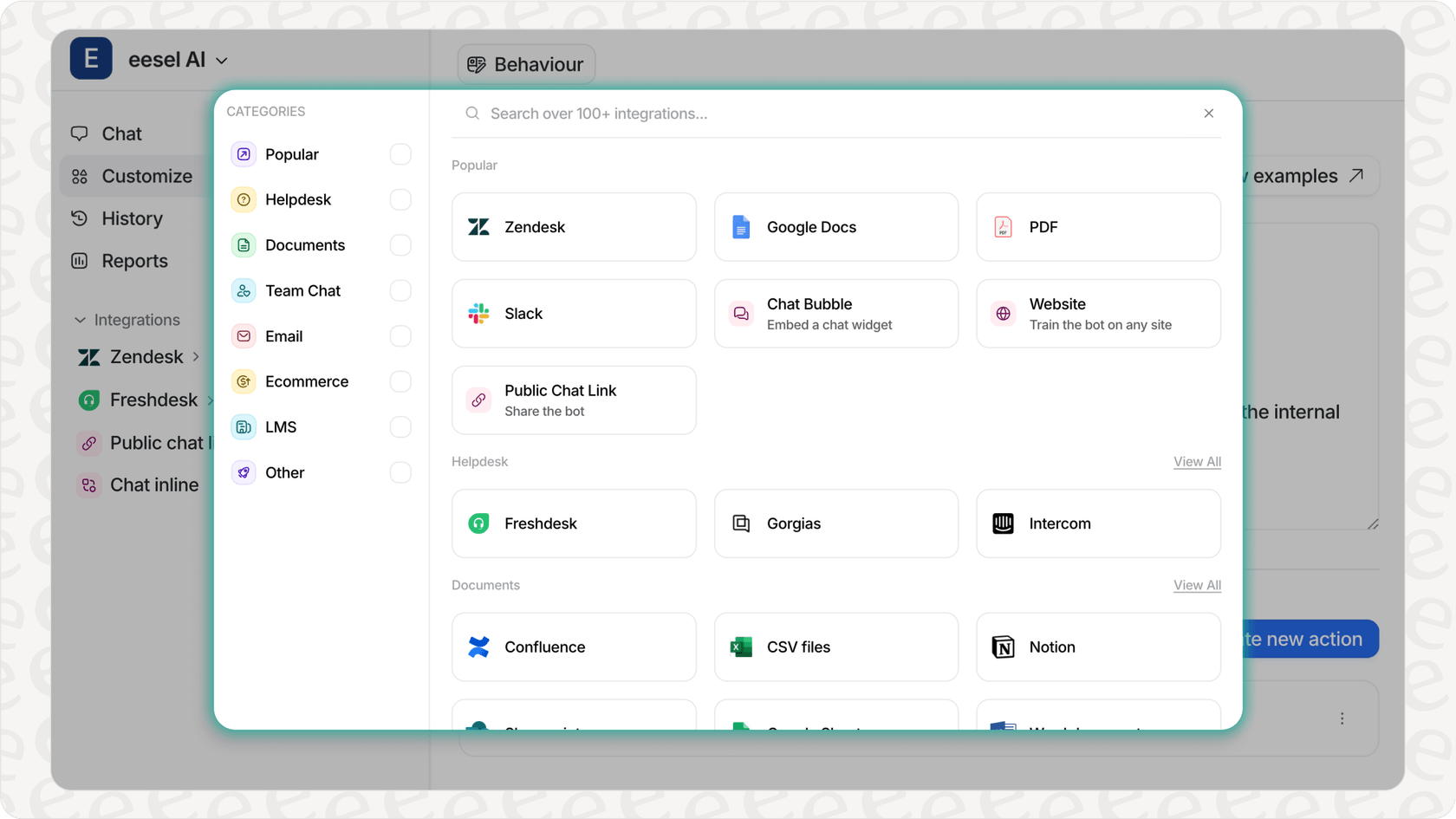 eesel AI interface for selecting training sources. 