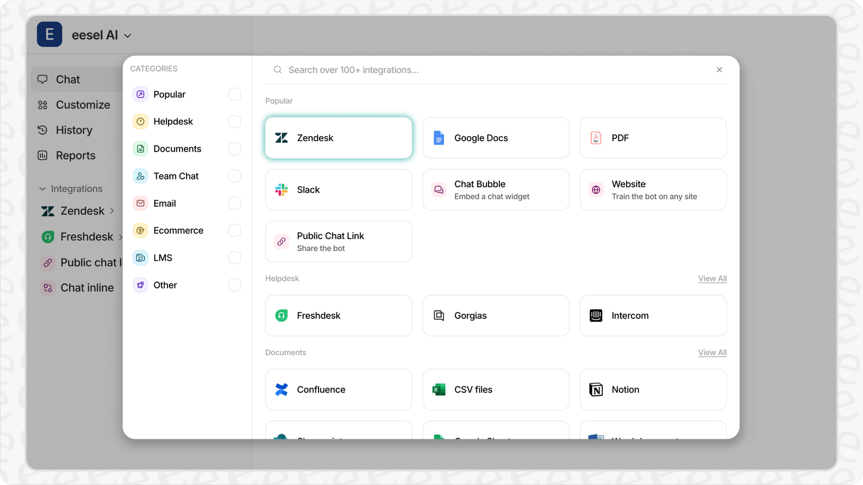 eesel AI dashboard showing connected data sources for AI and automation support.