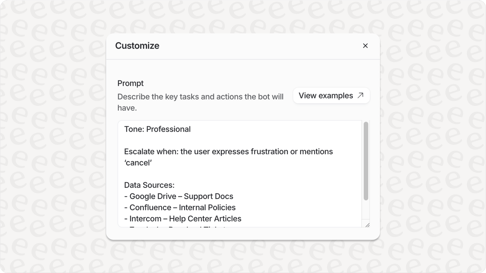 eesel AI configuration screen with customization options for automation support and maintenance.