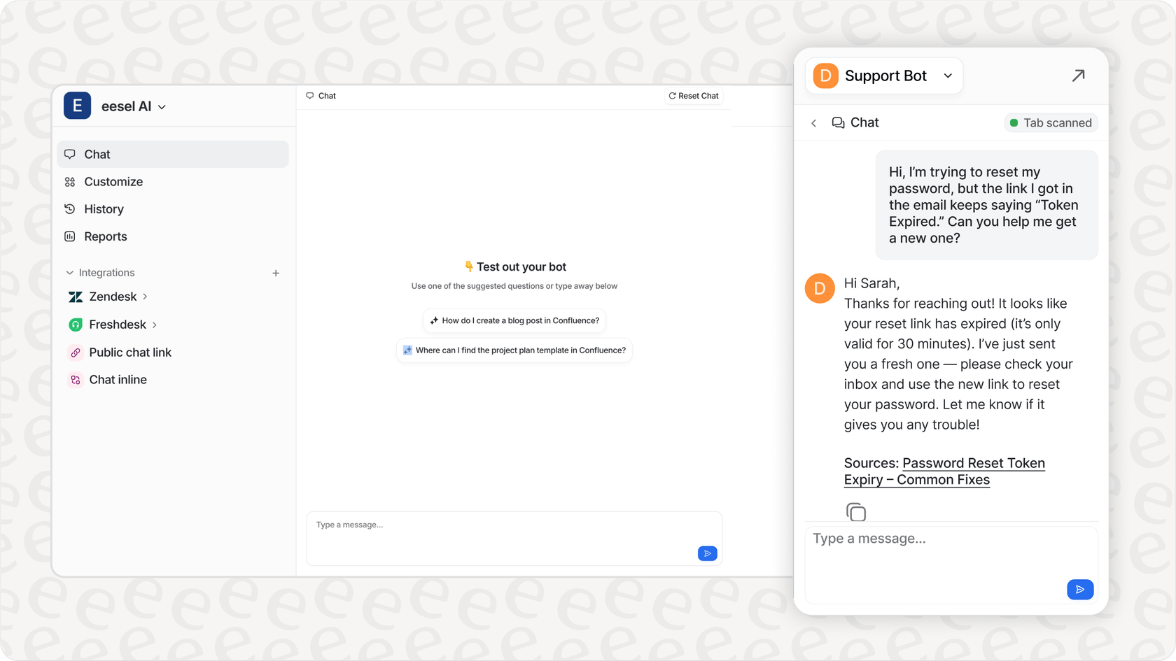 eesel AI Assistant browser extension suggesting a reply