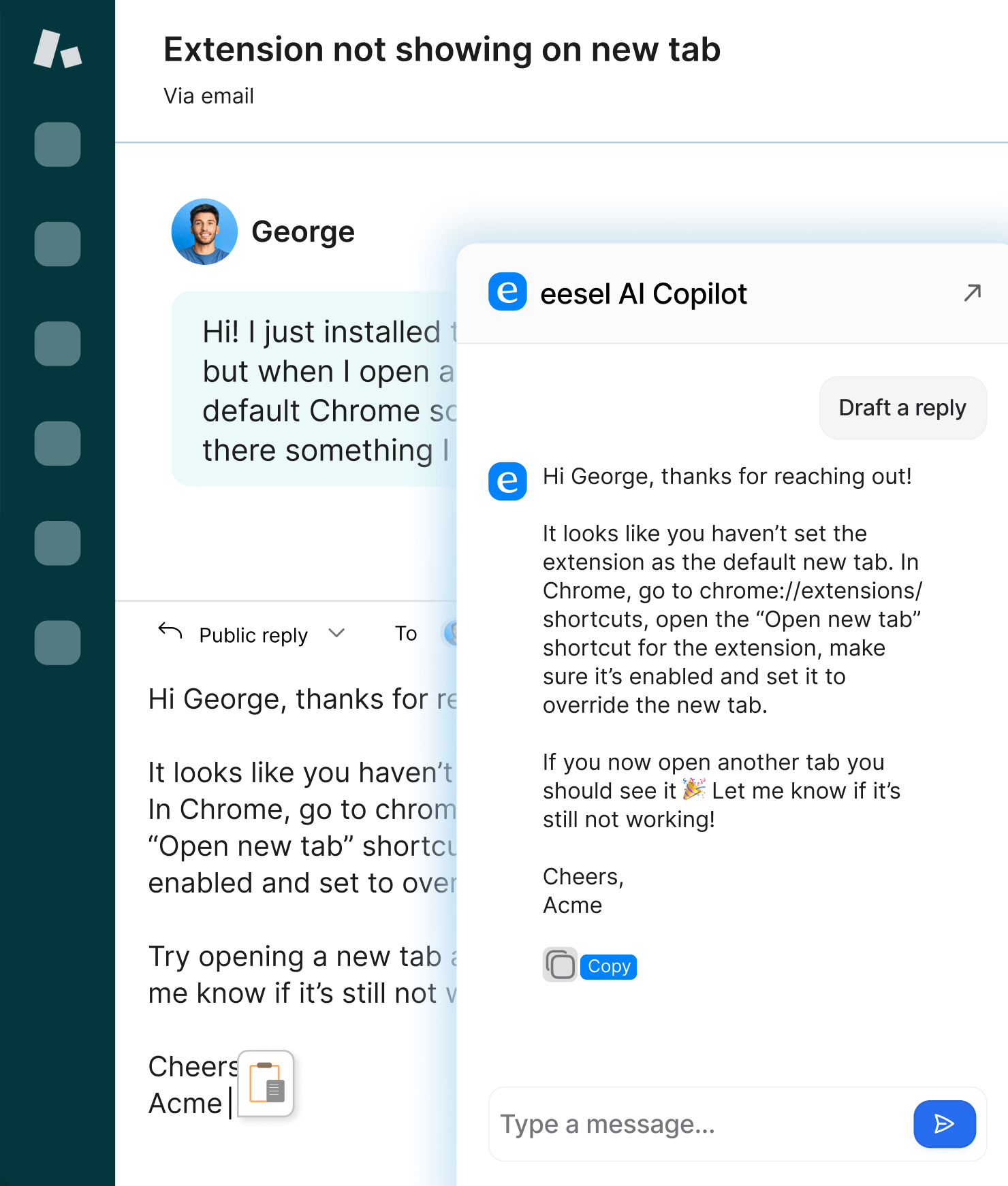 Ai copilot with drafted reply to support query