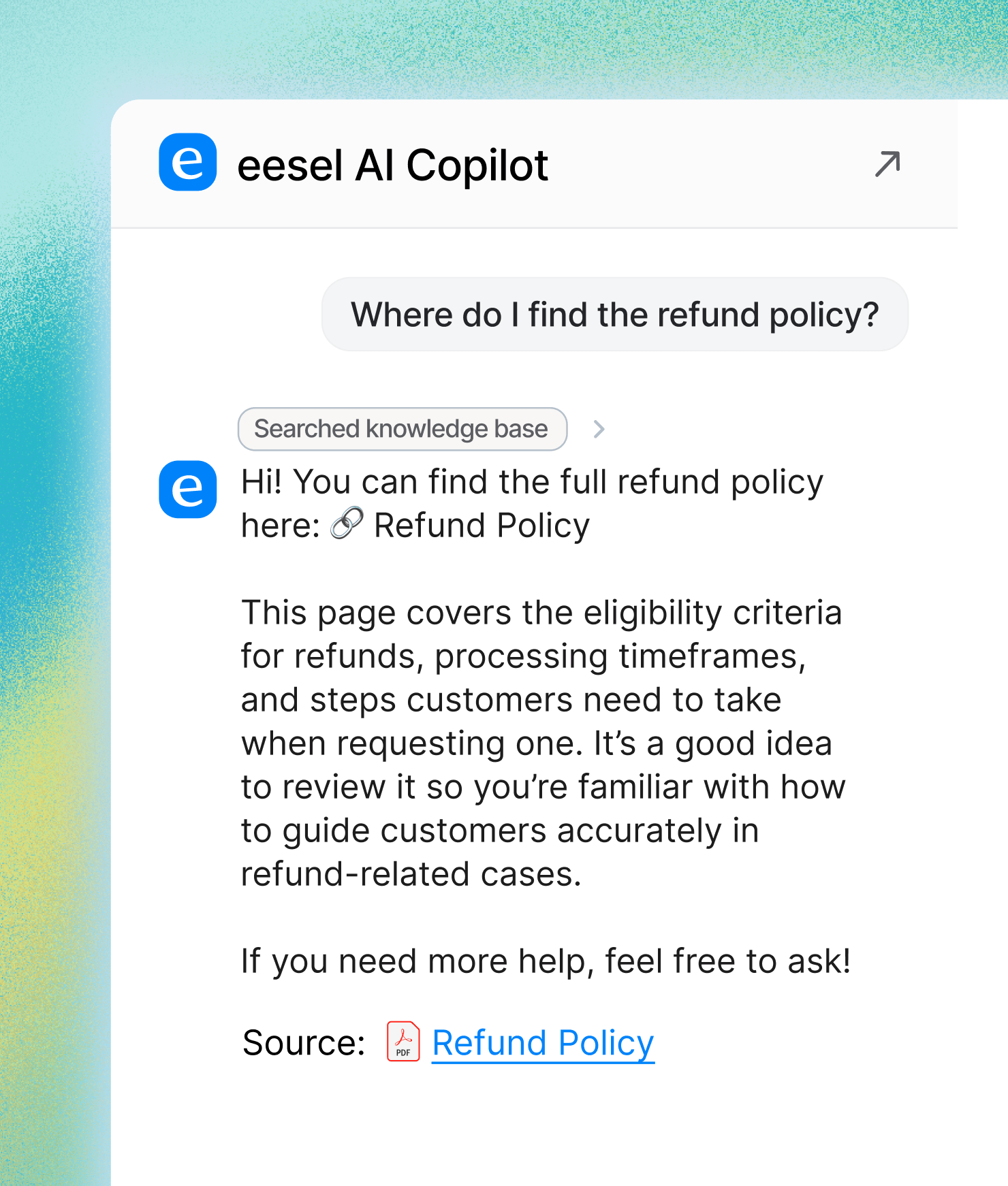 eesel AI copilot onboarding support agent in sidebar
