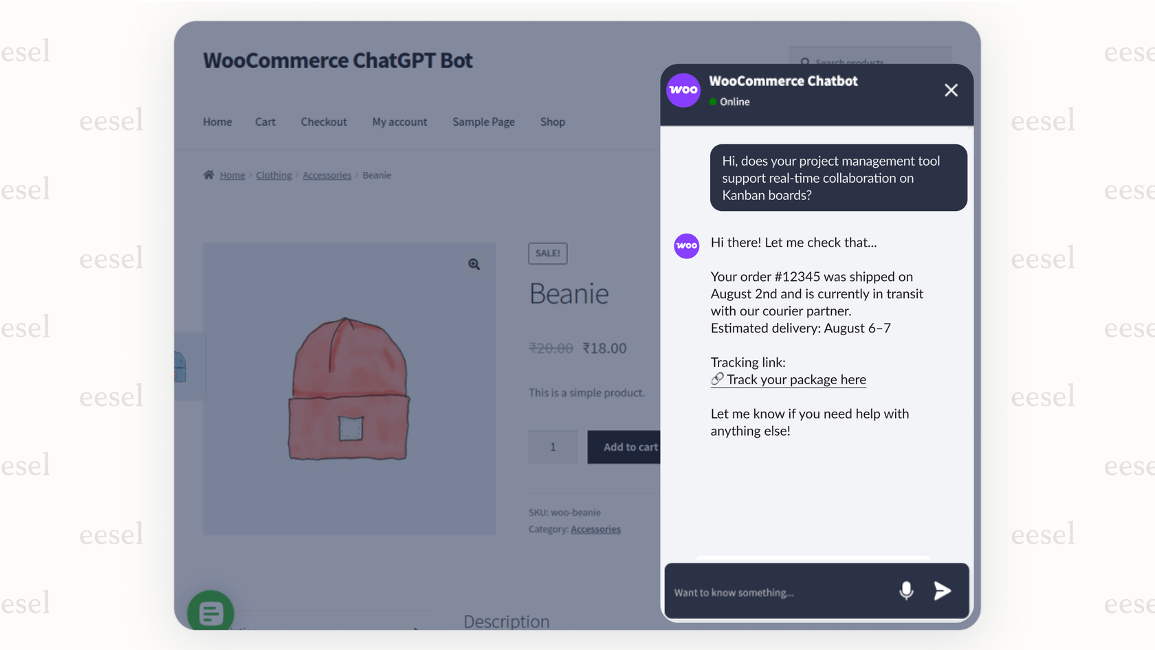 Example of a WooCommerce AI tool instantly answering a customer's order status query on a website, demonstrating 24/7 automated support.