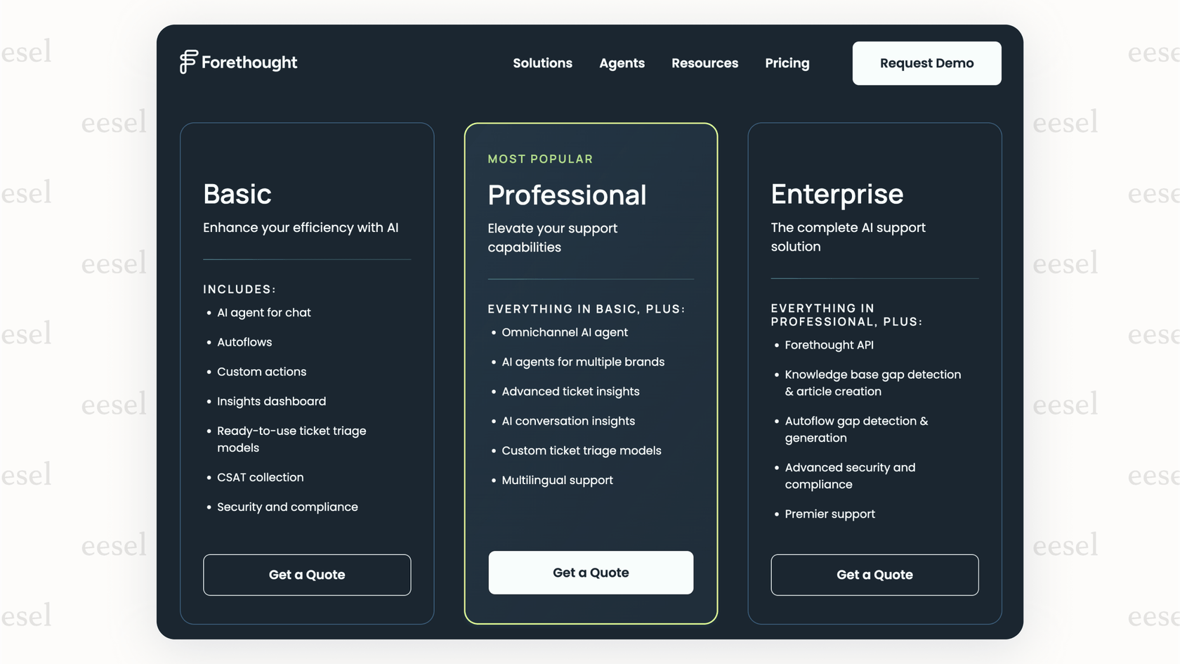 Uma captura de ecrã do site da Forethought mostrando que os preços são baseados em orçamento, destacando a falta de transparência na comparação Forethought vs Freshdesk.