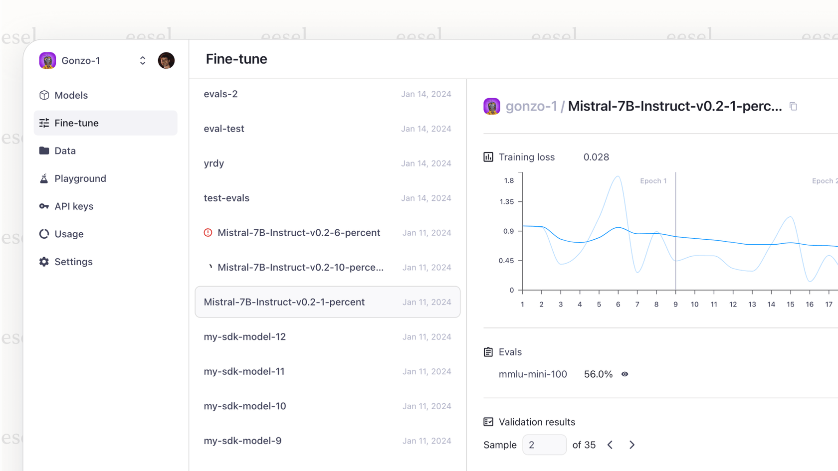Forefront AI dashboard and playground interface