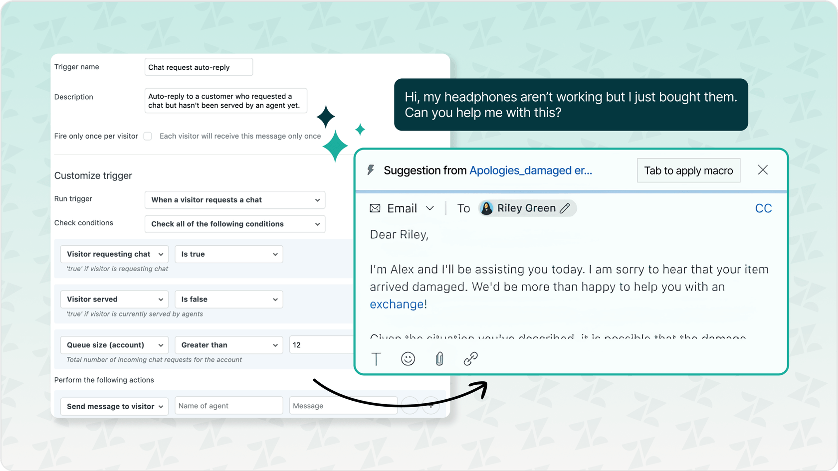 Zendesk Admin Center showing Autoreplies configuration settings for Zendesk AI capabilities.