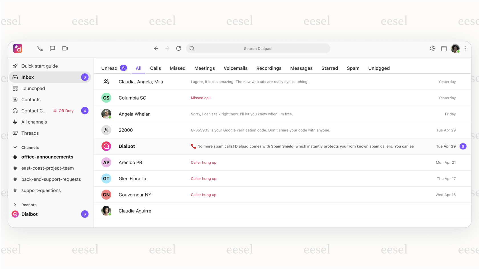 Dialpad's main user interface with call logs and messaging features.