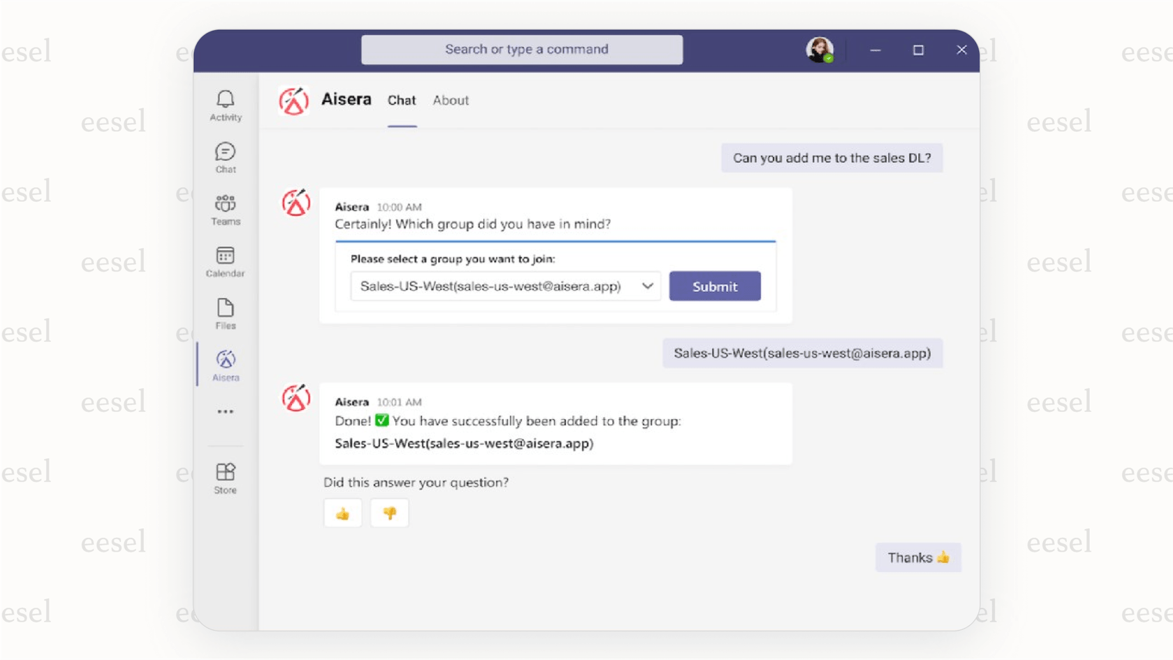 Aisera-Assistent-Funktion in Microsoft Teams.