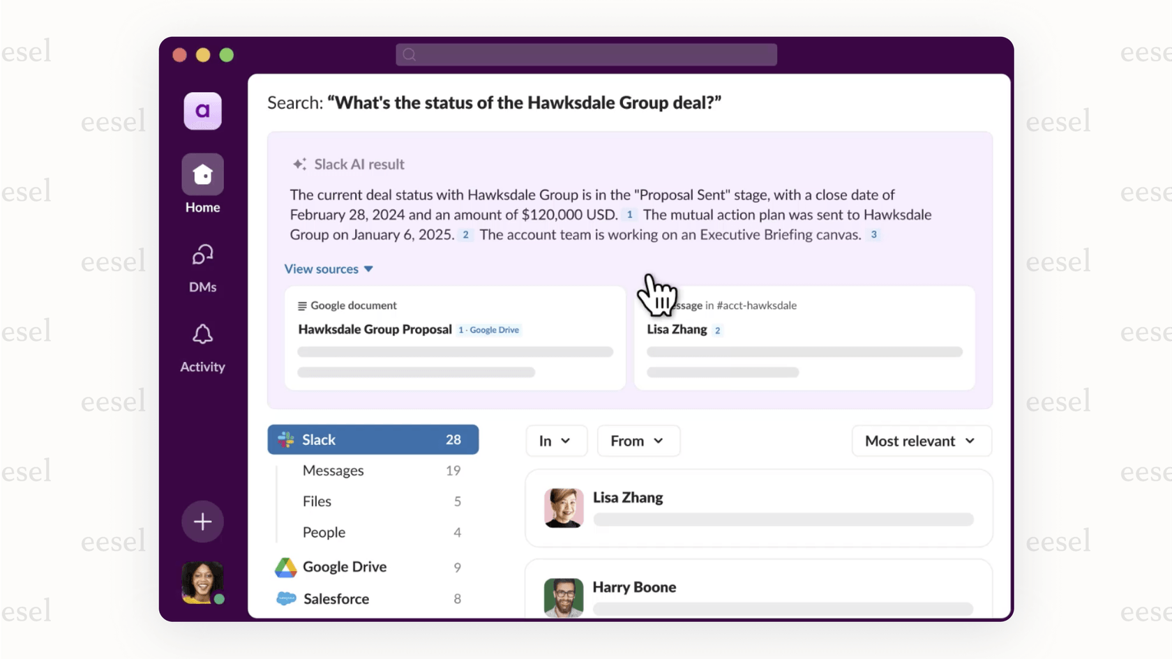 A user asks a question and receives an answer from the Slack AI search feature. 