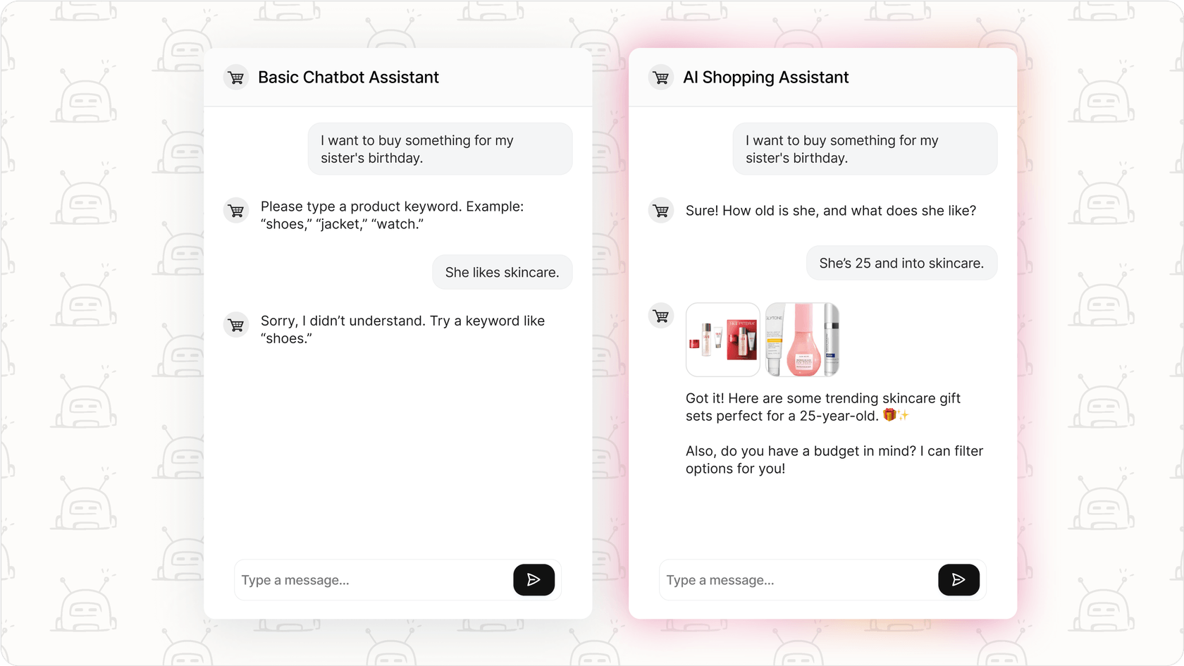 Comparison of a basic chatbot response versus an AI shopping assistant using natural language understanding.