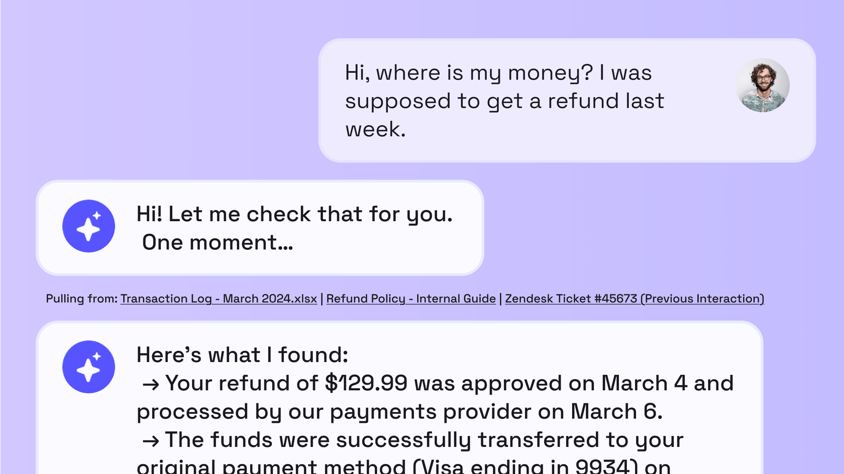 Ein Decagon AI-Agent, der eine Transaktionsanfrage bearbeitet.