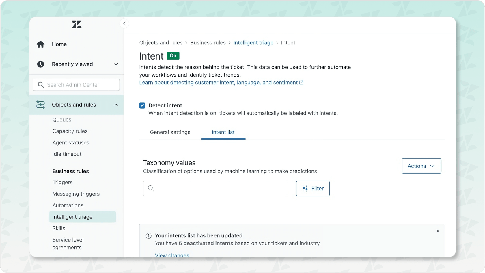 Zendesk Admin Center showing Intelligent Triage settings
