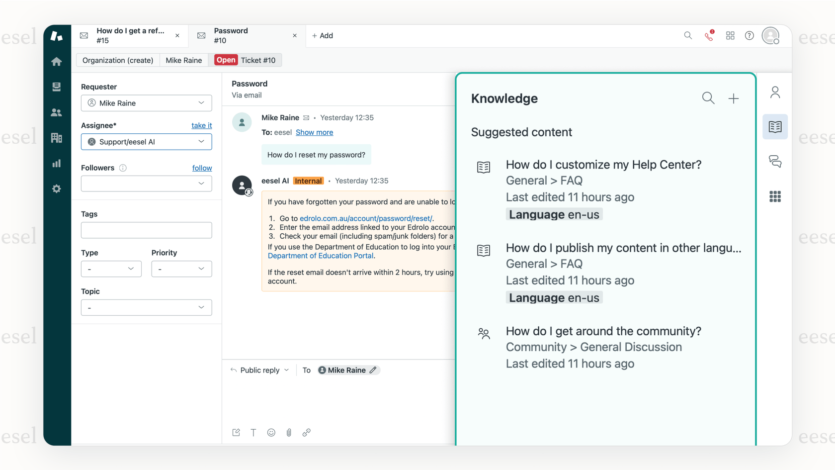 Copiloto de eesel AI en Zendesk.