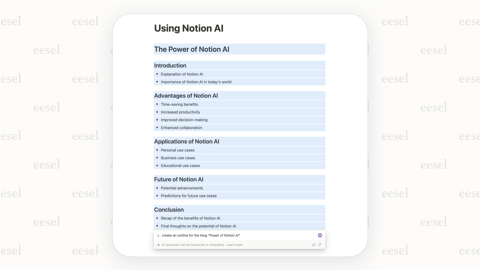 Using Notion AI to generate a blog post draft. 
